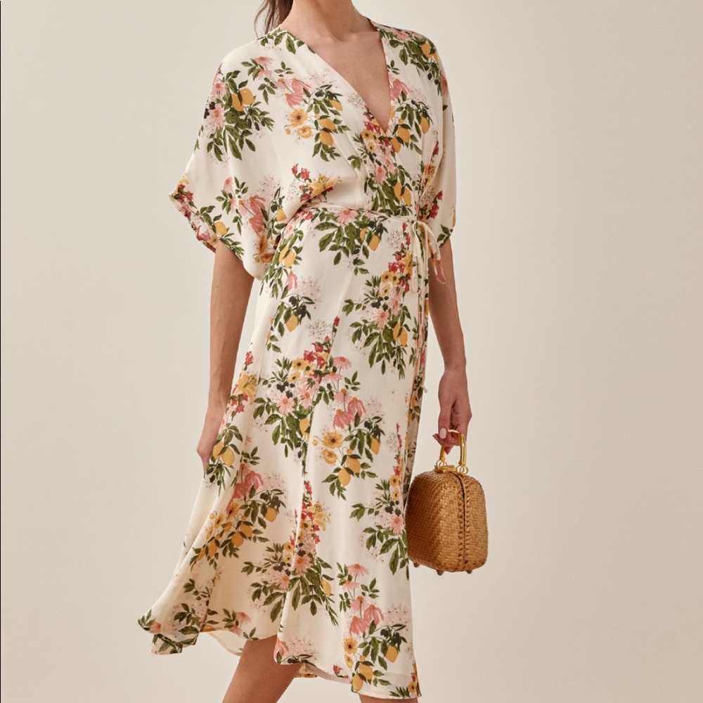 Reformation Cream Floral Midi Dress with Pink, Yellow & Green Motif